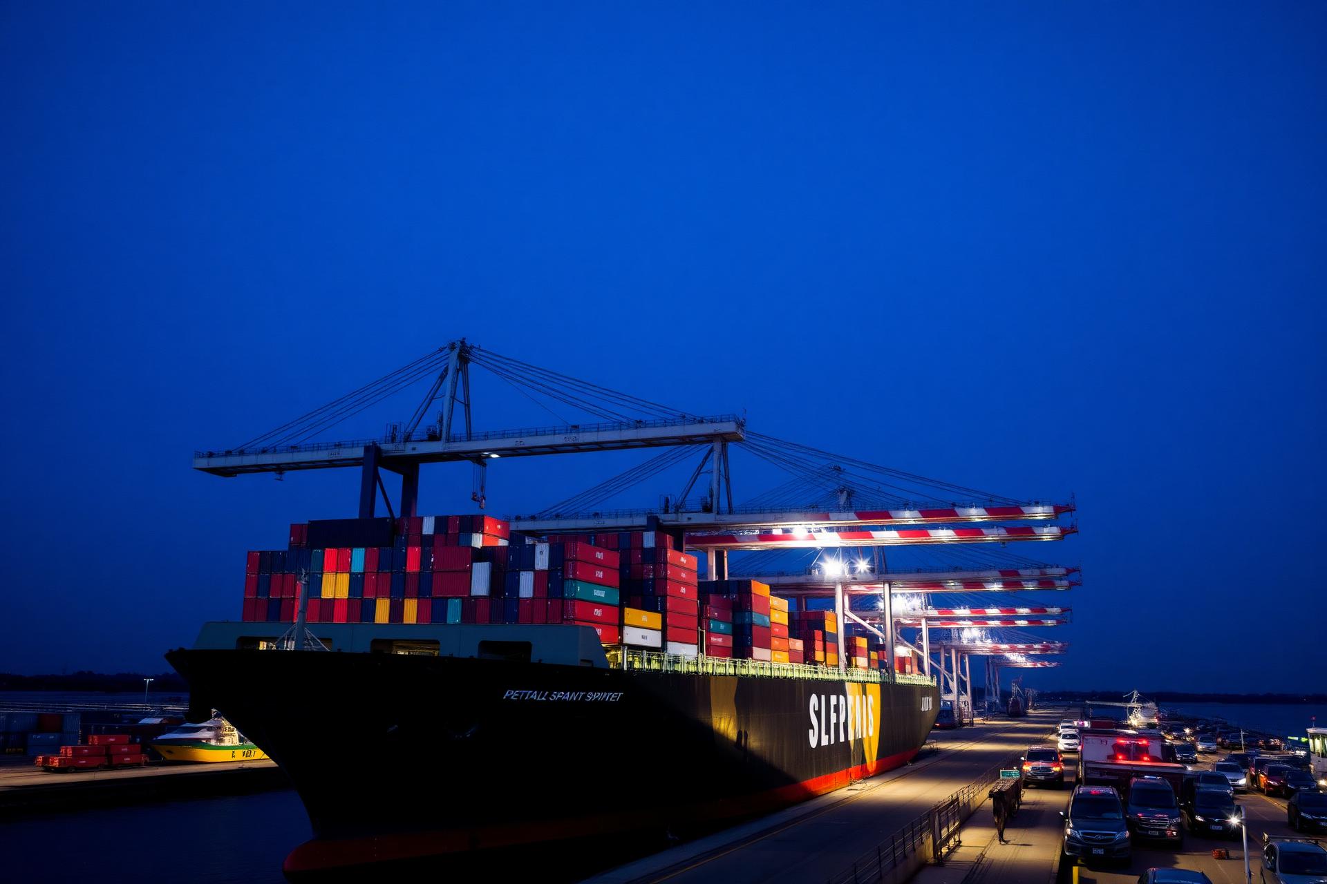 International cargo port at dusk